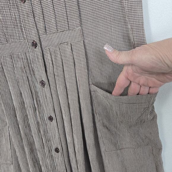 VTG Qps Dress Jumper Sz M Brown White Checked Pockets Button Front Prairie - Picture 5 of 14